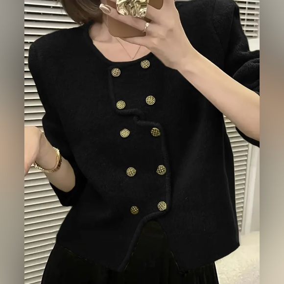 Chic Double-Breasted Long Sleeve Black Sweater Jacket | Large | New - Picture 1 of 8
